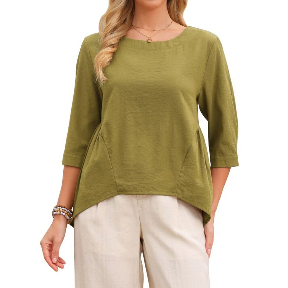 Womens High Low Top 3/4 Sleeve Asymmetrical Casual Loose Fall Blouse Olive Green